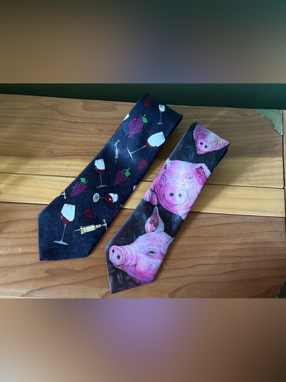 Harley Davidson Pig Tie + Rogers Wine Tie Set Novelty 2pc Lot